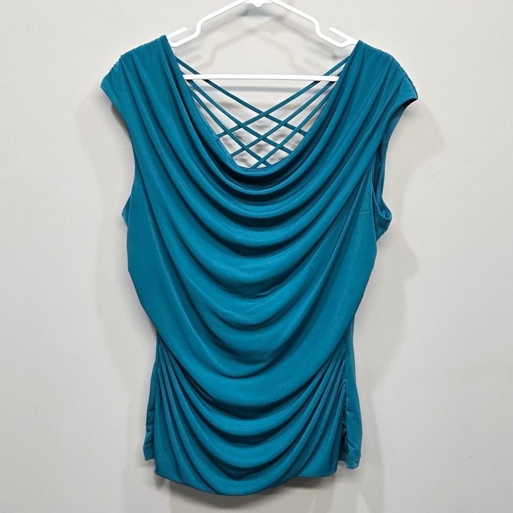 Fortune + Ivy Draped‎ Cowl Neck Top XL Blue Strappy Back Y2K Coquette Ruched